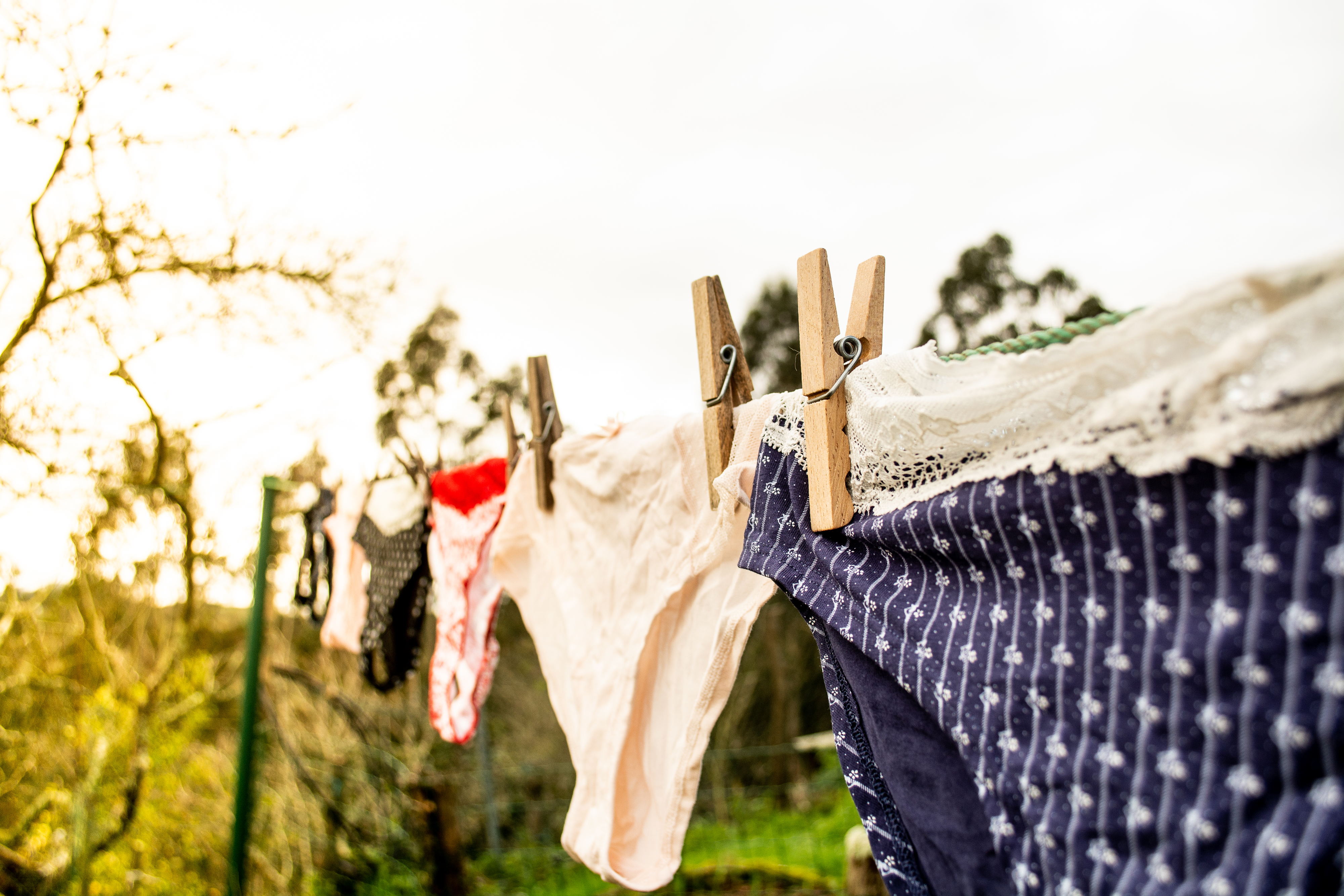 Clothesline with various underwear and garments secured by clothespins.