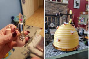 Left image: A hand holding a lipstick with floral decoration. Right image: A decorative yellow beehive candle with small bee ornaments on a table
