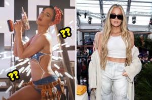 Left: Person in denim-themed outfit with tools, holding sparkling microphone. Right: Person in white crop top, jeans, long coat, and sunglasses