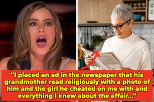 Left: Person appearing surprised. Right: Person with short hair, glasses, white sweater, reading a newspaper. Text: About exposing an affair