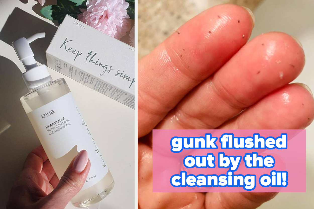 Bottle of cleansing oil in a hand; nearby, dirty fingers show the oil's effectiveness in removing grime. Text highlights results