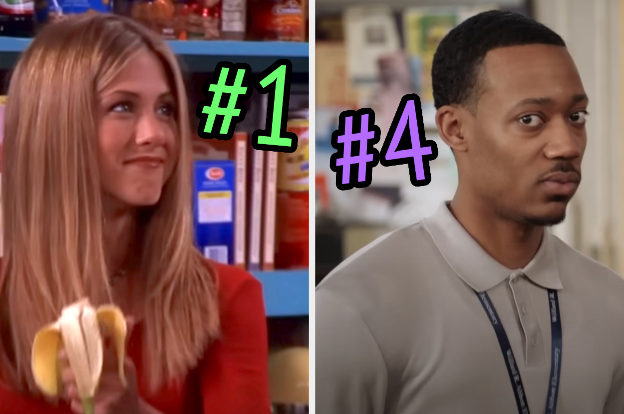 On the left, Rachel from Friends holding a banana and smiling labeled number 1, and on the right, Gregory from Abbott Elementary looking off to the side labeled number 4