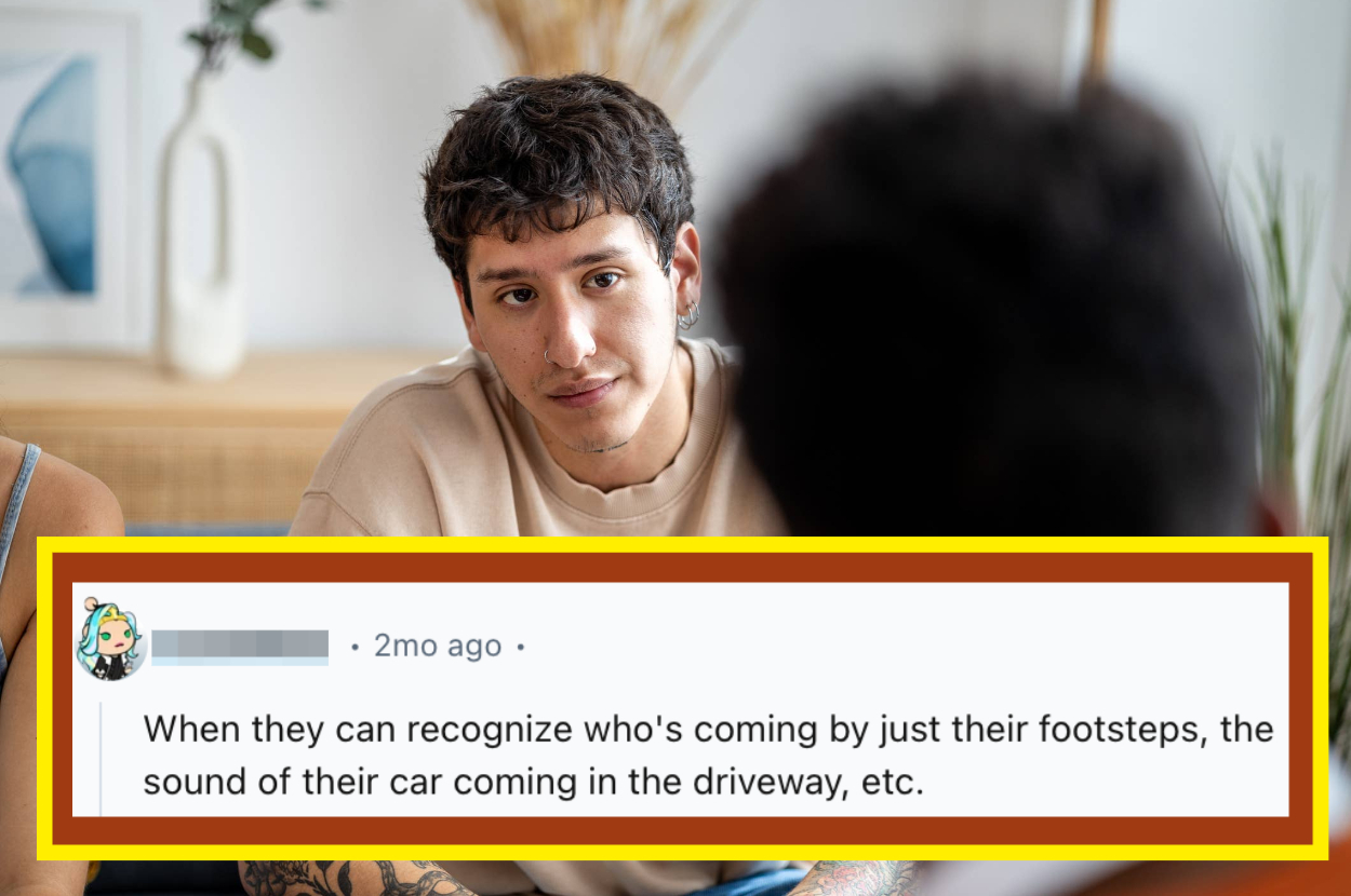 Person listening attentively to someone off-camera; text overlay describes recognition of footsteps and car sounds by someone