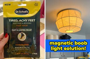 Split image: Left shows covered charcuterie board with various snacks. Right shows a ceiling light described as a "magnetic boob light solution."