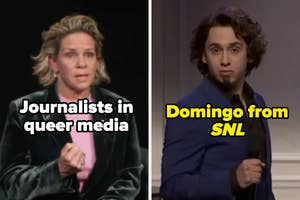 Split image of two people. Left: Person in a velvet jacket, labeled "Journalists in queer media." Right: Person in a suit, labeled "Domingo from SNL."