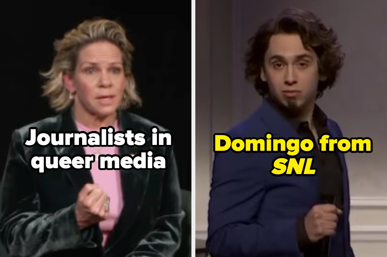 Split image of two people. Left: Person in a velvet jacket, labeled "Journalists in queer media." Right: Person in a suit, labeled "Domingo from SNL."