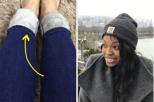The image shows a person's legs in fur-lined jeans and a person in a hooded jacket with sunglasses, likely promoting winter fashion styles