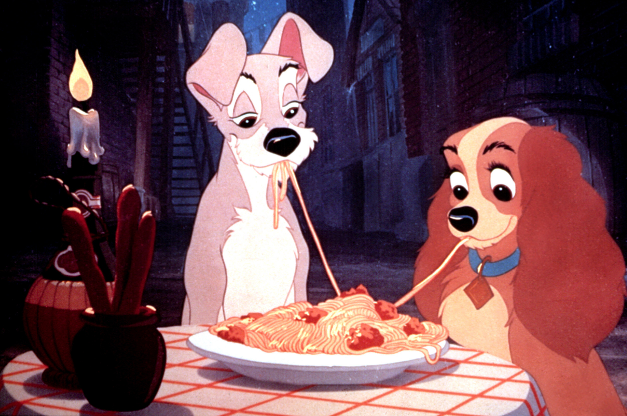 Animated dogs share spaghetti at a candlelit dinner, with charming expressions, in a romantic setting