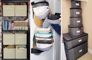 Organized storage solutions: bookshelf with fabric bins and books, wall-mounted hat rack, and stackable storage boxes in a closet