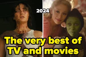 Split image: One side shows a bloodied character holding an axe; the other depicts two women, one with green skin, embracing, and the text reads, "2024: The very best of TV and movies"