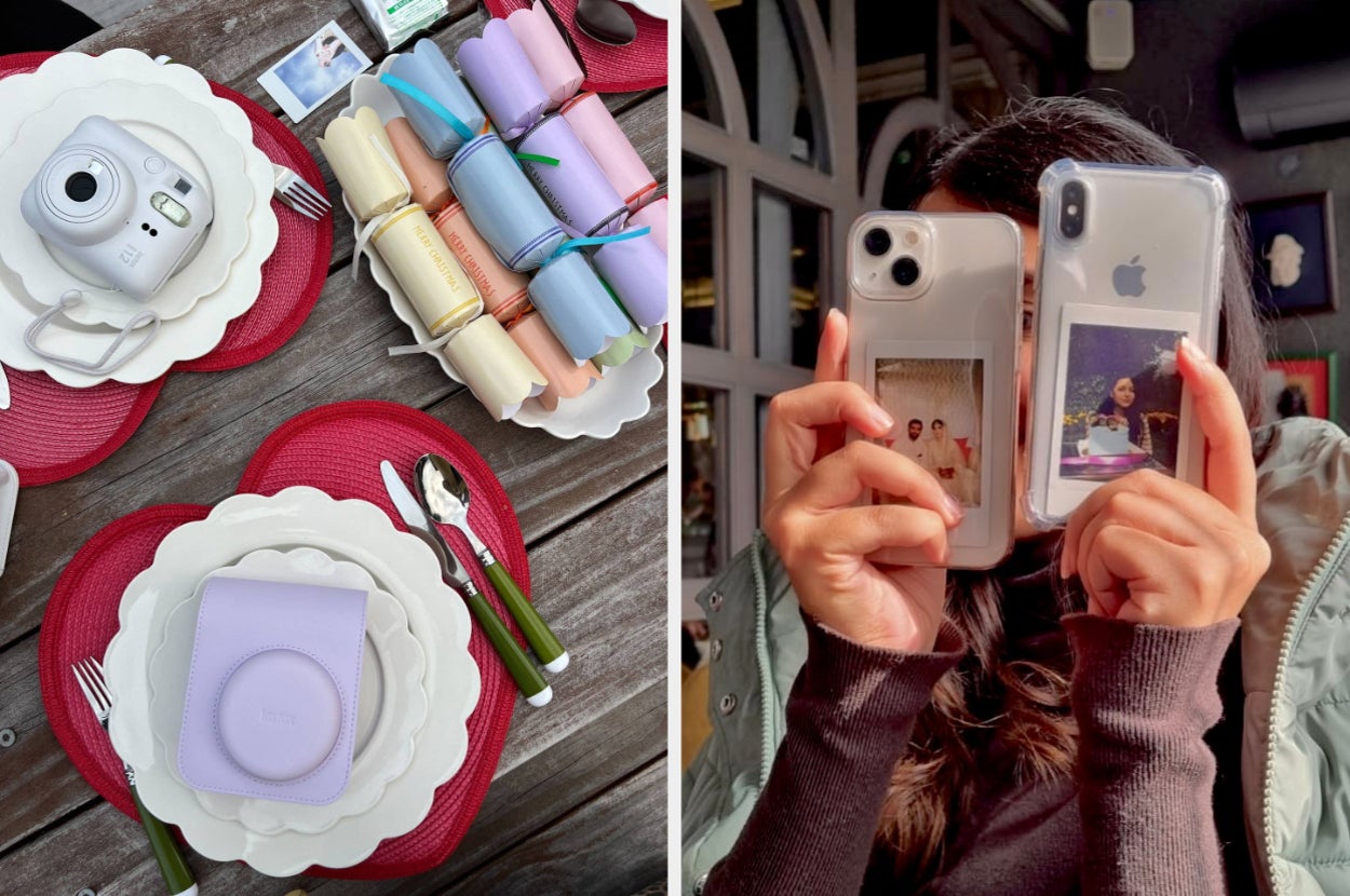 Image of a table setting with instant cameras and photo accessories; person holding two phones with photo stickers on the cases