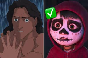 Animated characters: one with long hair looking surprised, and another in a hoodie with a painted skull face, approved with a green check mark