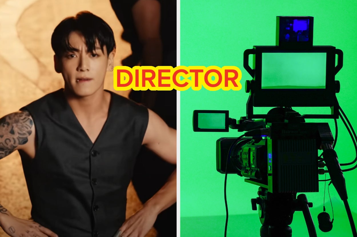 Person in sleeveless vest with tattoos on left, film camera against green screen on right, text reads "DIRECTOR."