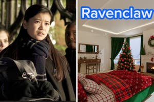 Person wearing a scarf looks concerned; right features a festive room with a decorated Christmas tree and "Ravenclaw" text above