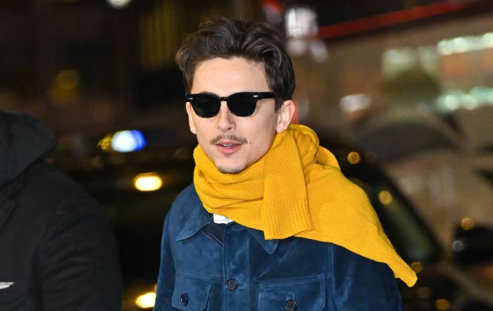 Timothée Chalamet wearing sunglasses and a yellow scarf, dressed in a stylish coat, outdoors at night