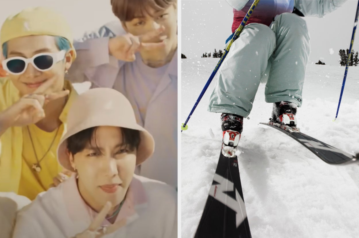 Group posing with peace signs; wearing casual, playful outfits and hats. Next to them, close-up of legs skiing on snow