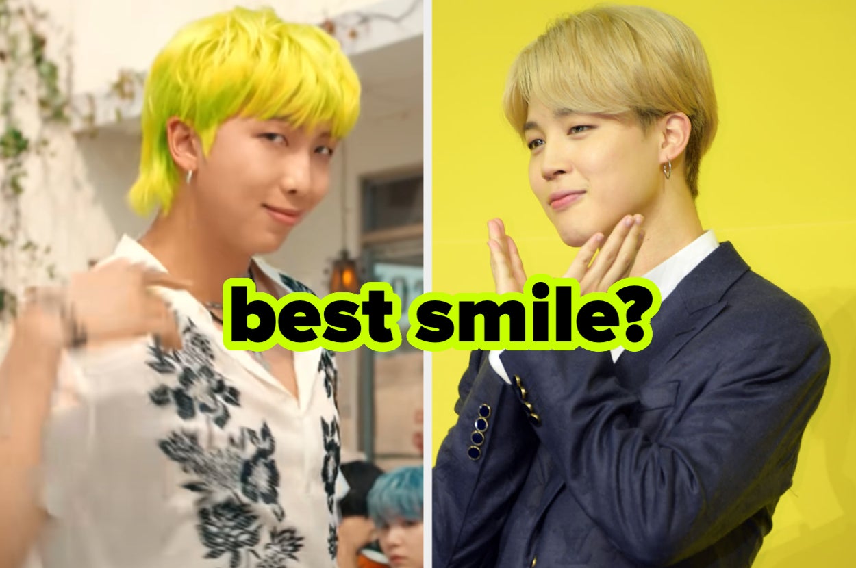 Two individuals in stylish attire smile. Text in the center reads, "best smile?"