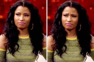 Person with long black hair, wearing a fitted dress, has a skeptical expression. Two similar side-by-side images show slight changes in expression
