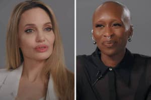 Two people are pictured in separate frames. The left wears a white blazer; the right has a shaved head and nose ring, dressed in a sheer black top
