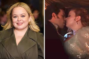 Two images: Left, person in a chic trench coat smiling. Right, a dramatic scene with two people about to kiss, one in a sparkling gown