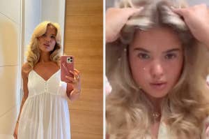 Person takes selfie in a light, flowing dress; next image shows them adjusting hair, focused on styling
