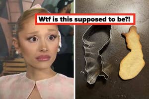 Person with a surprised expression next to a cookie cutter and a baked cookie resembling their hairstyle