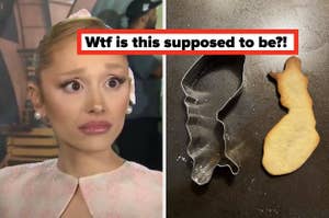 Person with a surprised expression next to a cookie cutter and a baked cookie resembling their hairstyle