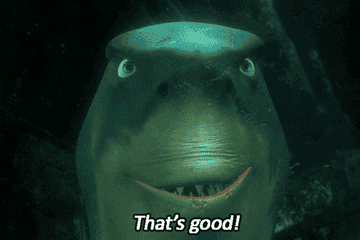 Animated shark says, &quot;That&#x27;s good!&quot; with a smile, from a popular animated film
