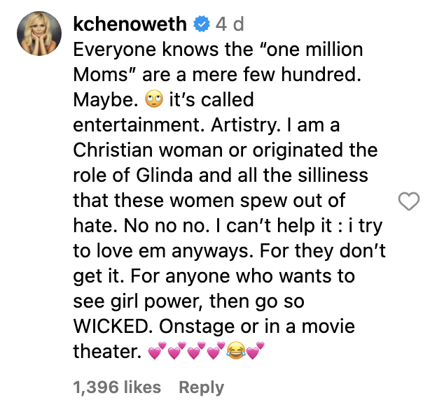 Instagram comment from Kristin Chenoweth defending &quot;Wicked&quot; against hate