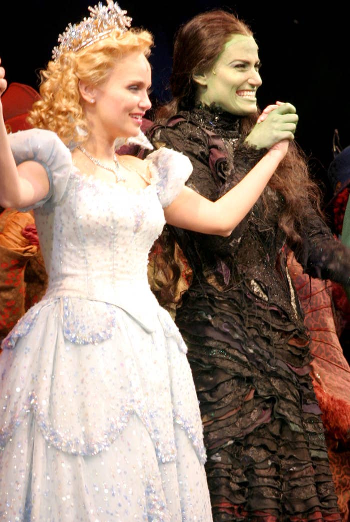 Kristin Chenoweth and Idina Menzel in &quot;Wicked&quot; stage costumes