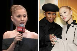 On the left, a person holds a microphone on stage wearing an off-the-shoulder outfit. On the right, two people pose, with one in a beret and coat, the other in a coat