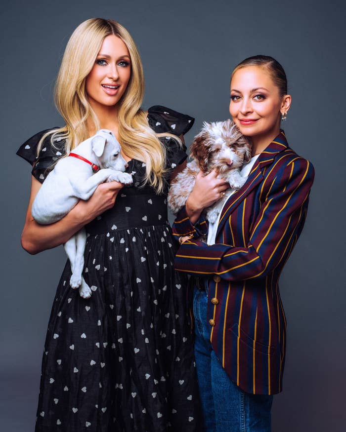Two women posing with puppies. One is in a black dress with heart patterns, the other in a striped blazer and jeans, both smiling
