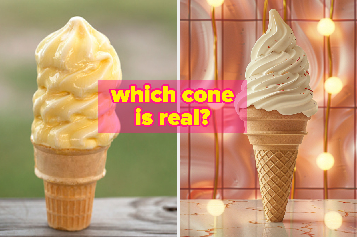 Two ice cream cones, one with soft serve and another with a swirl. Text asks, "Which cone is real?" in a vibrant, eye-catching font