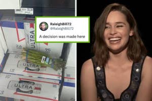 Boxes of Ultra beer in a fridge with asparagus. A tweet by RaleighBill72 overlays: "A decision was made here." Woman smiles in a separate frame