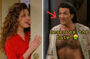 Two split images from a TV show: a woman in a doorway and a man in an open shirt. An arrow points to the man with text: "Deserves the hate."
