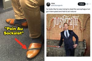 Close-up of brown dress shoes with striped socks on the left; man posed in front of a "Nosferatu" backdrop on the right