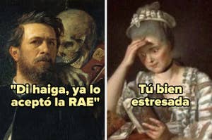 Montaje humorístico de dos pinturas clásicas con texto que bromea sobre el lenguaje y la reacción al cambio lingüístico de la RAE