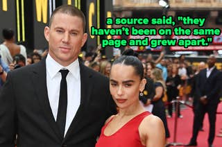 A celebrity couple stands on the red carpet. The text reads: 