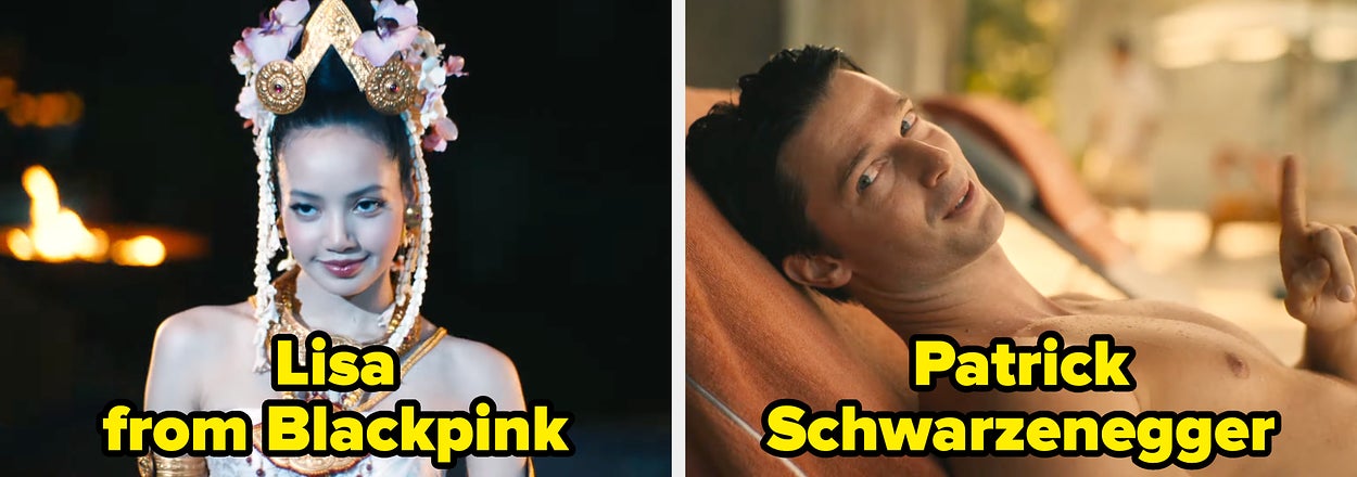 Two images: Left, a woman in traditional attire with a headdress; Right, a man relaxing. Text: "Lisa from Blackpink" and "Patrick Schwarzenegger."