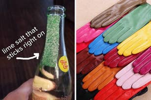 Left: Bottle with lime salt on rim. Right: Various pairs of leather gloves in different colors