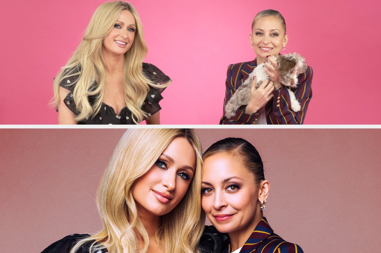 Two women posing for photoshoots. One wears a black outfit; the other wears a striped suit and holds a small dog. Both appear on a feature backdrop