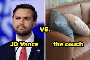 Split image: left shows a man in a suit, right shows a couch with pillows. Text reads "JD Vance vs. the couch."