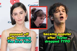 Split image with a woman in elegant attire and a man singing. Text: "Popped off after opening The Eras Tour" and "Became popular after Taylor dropped TTPD."