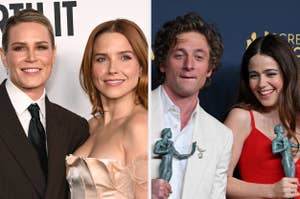 Two photos side by side: left, two people smiling at an event; right, two people holding awards, one wearing a suit and the other a red dress