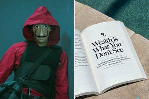 Left: Person in a red hood with a theatrical mask. Right: Book open to page 9, "Wealth is What You Don't See" with text below about spending habits