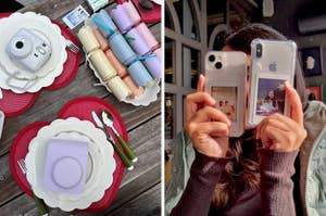 Image of a table setting with instant cameras and photo accessories; person holding two phones with photo stickers on the cases