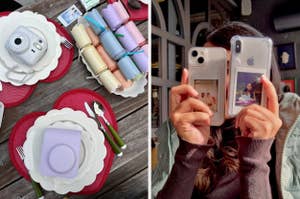 Image of a table setting with instant cameras and photo accessories; person holding two phones with photo stickers on the cases