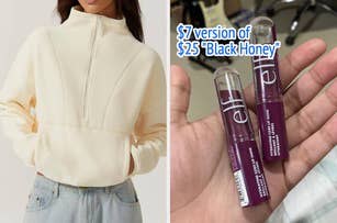 On the left, a person wears a casual high-collar sweater. On the right, a hand holds two tubes of e.l.f. lip balm labeled as a "$7 version of $25 'Black Honey.'"