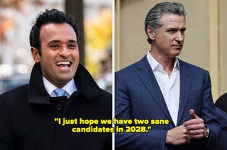 Two men are in separate images. One laughs in a coat; the other stands in a suit. Caption reads: 