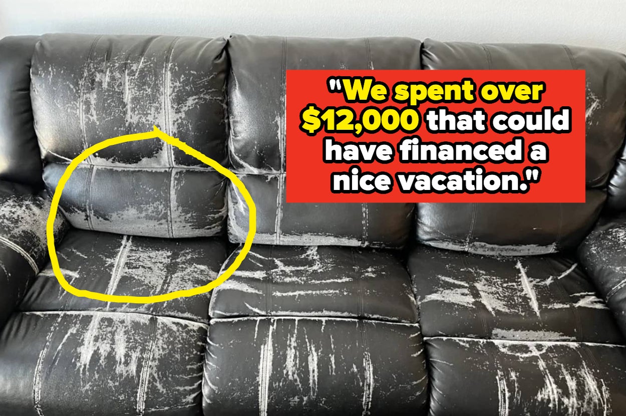 A worn-out leather couch with peeling and scratches. A highlighted area shows damage. Text reads: "We spent over $12,000 that could have financed a nice vacation."